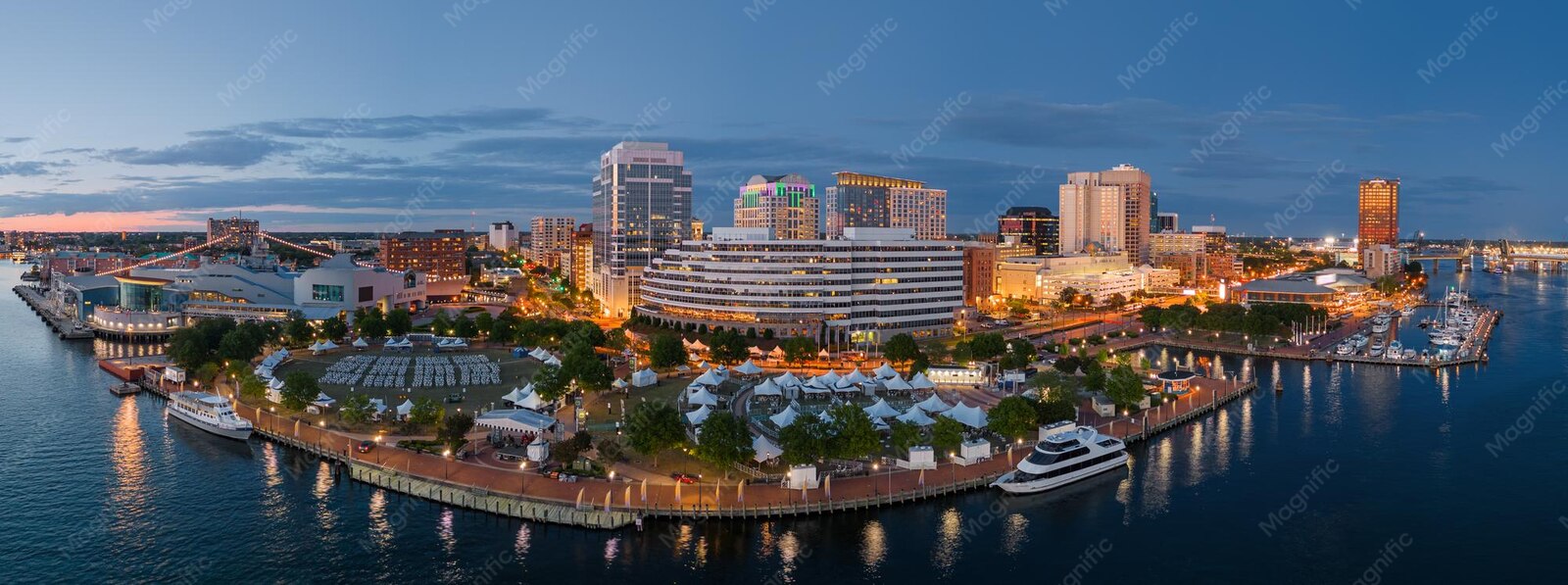 Downtown Norfolk, Virginia skyline at dusk