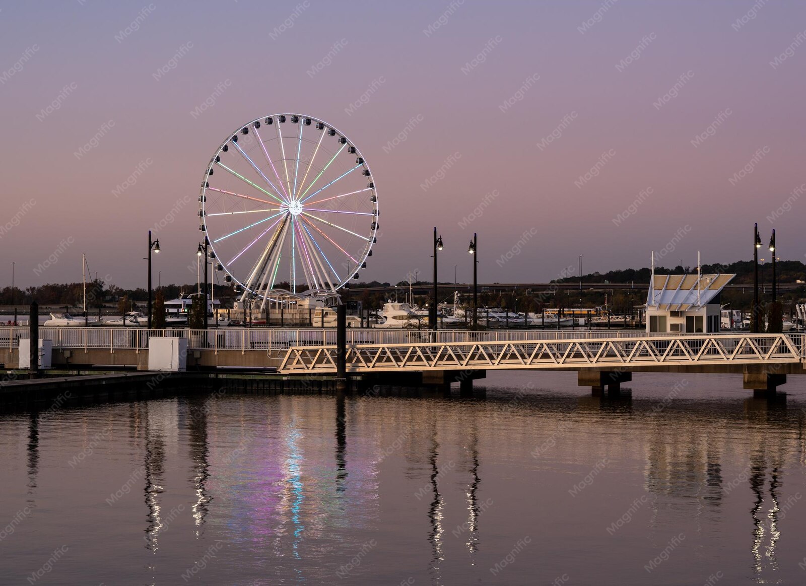 Illuminated Ferris wheel at National Harbor, Maryland at sunset