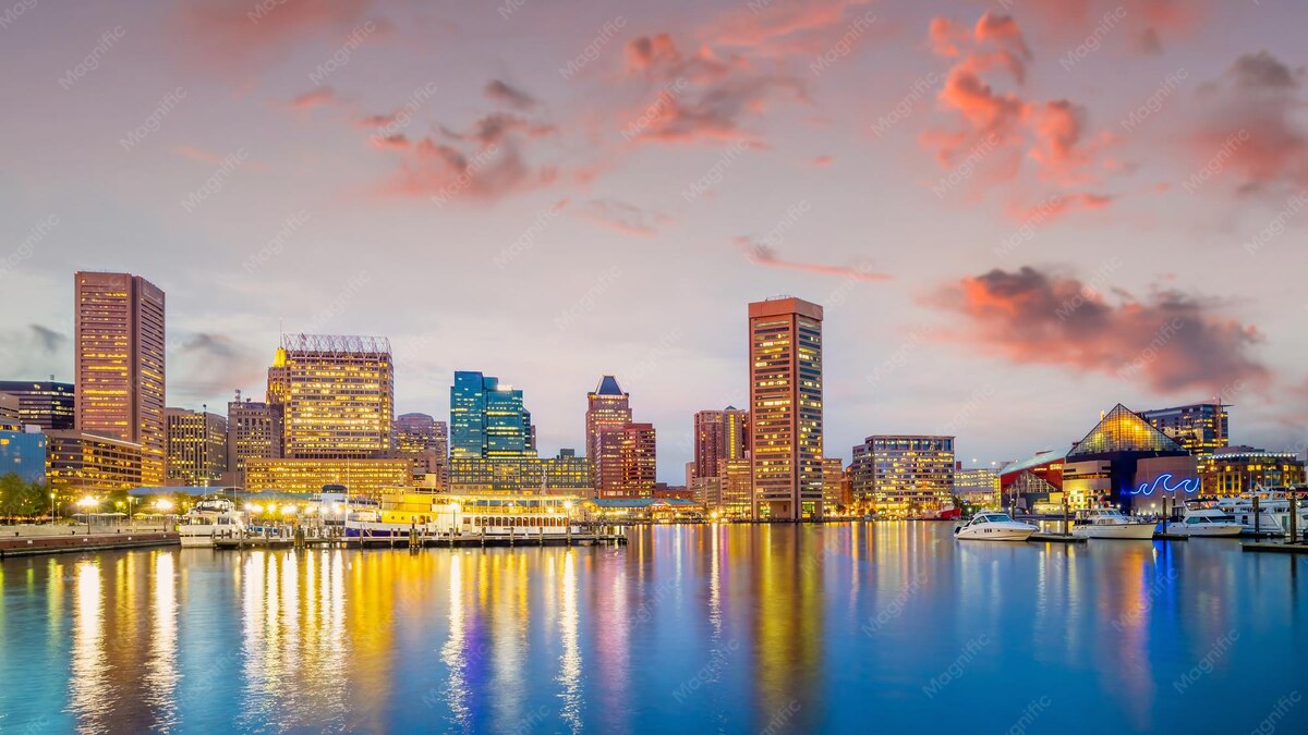 Downtown Baltimore skyline at twilight